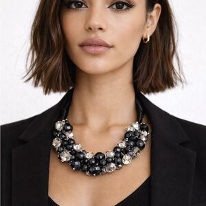 Vintage Ali-Khan New York Beaded Statement Necklace Black Crystal Ribbon